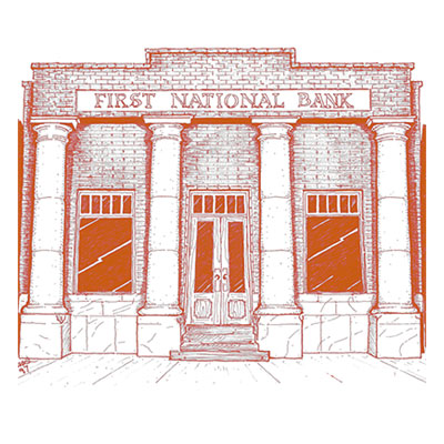 Orange and gray illustration of the bank front entrance from 1911