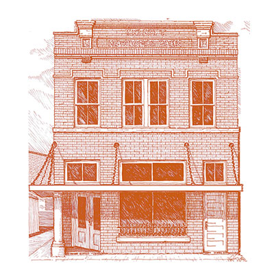 Orange and gray illustration of the bank front entrance from 1947